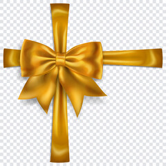 Beautiful yellow bow with crosswise ribbons with shadow on transparent background. Transparency only in vector format