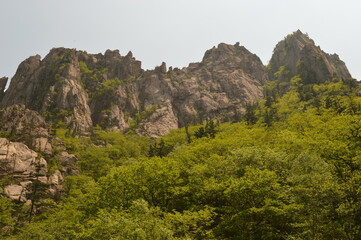 Hiking in the colorful and beautiful Seoraksan Mountains outside of Sokcho in South Korea, Asia