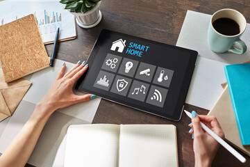 Smart home concept, control panel software on device screen.