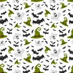 Pattern with ghost, bats and witch hat . Helloween.  illustration. or gift paper, textiles, clothes, social networks, wallpaper, prints, festive decor.