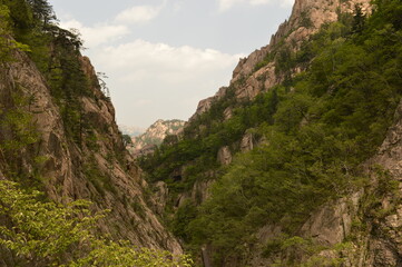 Hiking in the colorful and beautiful Seoraksan Mountains outside of Sokcho in South Korea, Asia