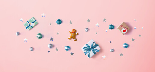 Collection of Christmas ornaments - overhead view flat lay