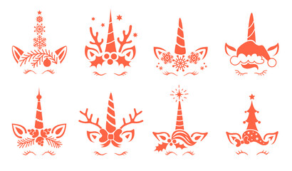 Set of Christmas unicorns vector illustration. Cute face and unicorn head. Design for shirts postcards and posters. Fairy magic reindeer with horns. Silhouette isolated on white background. © Ansty art
