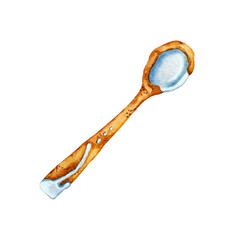 Handmade ceramics with a spoon. Ceramic plate and spoon. Watercolor illustration isolated on white background. The concept of natural materials, cooking, hobbies.