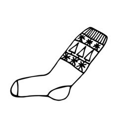 Sock with ornaments. Doodle hand drawn illustration. High quality illustration. Knitted stocking. For holiday decor.