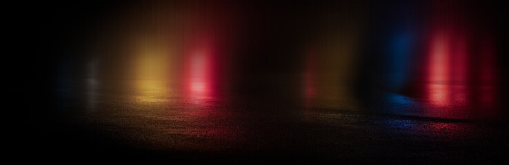 Light effect, blurred background. Wet asphalt, night view of the city, neon reflections on the...