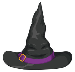 Fototapeta premium Female Pointy Witch Hat with Face, Ribbon and Buckle, Vector Illustration