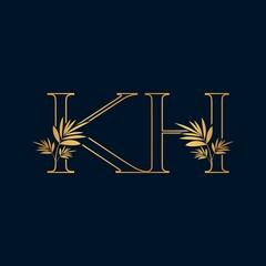 Golden Classic Vintage Nature Outline Initial Letter K, H, KH logo icon.