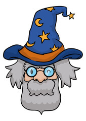 Elder Wizard Face with Glasses, Hat and Long Beard, Vector Illustration