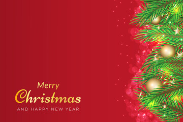 Fototapeta na wymiar Christmas background in red color with tree branches and glowing golden ornament