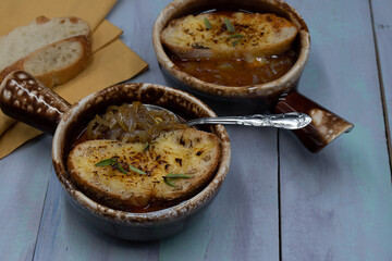 French Onion Soup, Served in Traditional Clay Pots