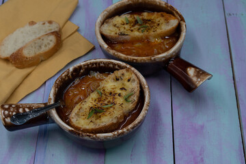 French Onion Soup, Served in Traditional Clay Pots
