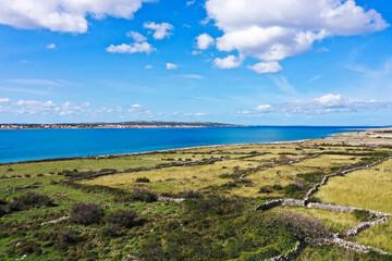POVLJANA, PAG, CROATIA - OCTOBER 2020. - Aerial view of dry stone wall systems built for sheep breeding