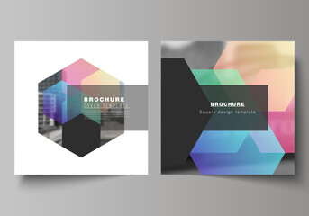Vector layout of two square format covers design templates with abstract shapes and colors for brochure, flyer, magazine, cover design, book design, brochure cover.