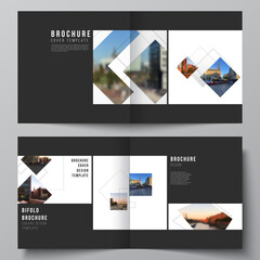 Vector layout of two covers templates with geometric simple shapes, lines and photo place for square design bifold brochure, flyer, magazine, cover design, book, brochure cover.