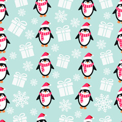 Penguin wearing red christmas hat, gift box, snowflakes on light blue background pattern. Christmas, New Year pattern. Decorative print for wrapping paper, fabric, background, wallpaper.