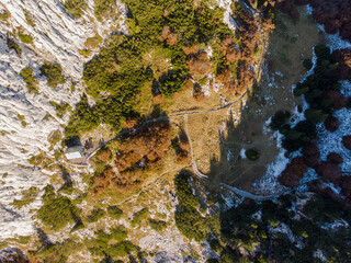 VELEBIT MOUNTAIN, CROATIA, OCTOBER 2020 - Aerial view of Northern Velebit National Park in Croatia during autumn. Beautiful autumn colours. Karst landscape. Mountain hut - Rossi shelter
