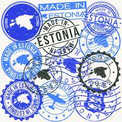 Estonia Set of Stamps. Travel Passport Stamp. Made In Product. Design Seals Old Style Insignia. Icon Clip Art Vector.