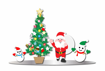 クリスマス　サンタとツリーと雪だるま