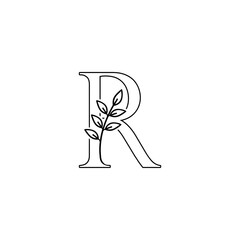 Outline Initial Letter R logo icon. Vintage logo outline floral leaf