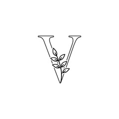 Outline Initial Letter V logo icon. Vintage logo outline floral leaf