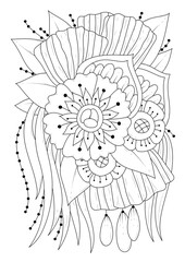 Coloring page for children and adults. Vector illustration with abstract flowers. Black-white background for coloring, printing on fabric or paper.
