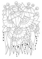 Coloring page for children and adults. Vector illustration with abstract flowers. Black-white background for coloring, printing on fabric or paper.