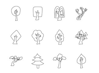 Tree hand drawn linear vector icons isolated on white background. tree doodle icon set for web and ui design, mobile apps and print products