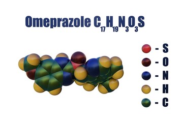 Structural chemical formula and space-filling molecular model of omeprazole, a medication used to treat gastric acid-related disorders and peptic ulcer. Scientific background. 3d illustration