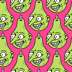 Seamless pattern of funny fruits, pears with faces