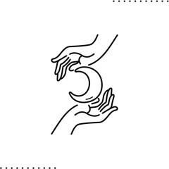 mystic hands hold crescent vector icon in outlines