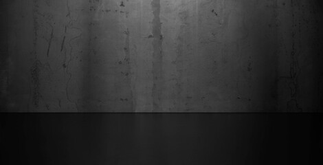 Dark raw steel room interior, grunge texture, black grey wall and floor