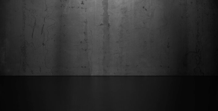 Dark raw steel room interior, grunge texture, black grey wall and floor