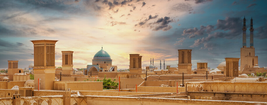 Panoramic view of badgirs and mosques of Yazd, Iran