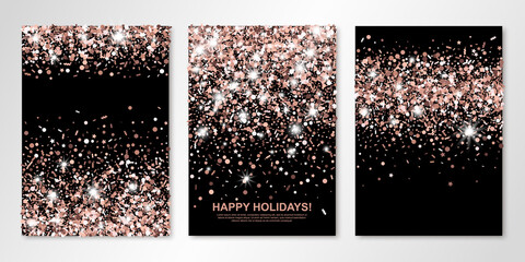 Banners set with nude confetti on black. Vector flyer design templates for wedding, invitation cards, save the date, business brochure design, certificates. All layered and isolated