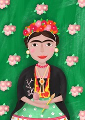 Portrait of Frida Kahlo in a traditional dress