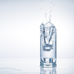 Ice cube falling in glass water. Splashes on light blue background with copy space