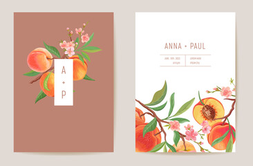 Watercolor wedding peach floral invitation. Exotic fruits, flowers, leaves card. Botanical Save the Date