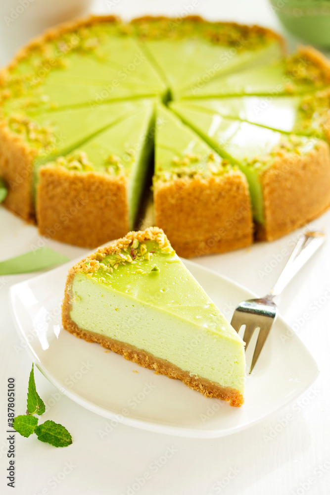 Sticker Pistachio Cheesecake. Homemade baking. Selective focus