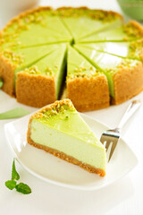 Pistachio Cheesecake. Homemade baking. Selective focus