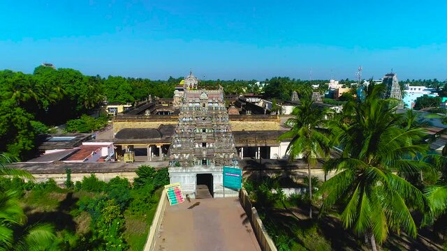 Aerial shot of the entrance gates Chidambaram Nadaraja Temple with colorful blue sky