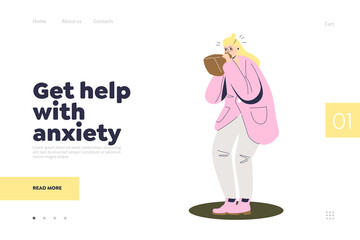 Help with anxiety landing page with cartoon woman breathing in paper bag