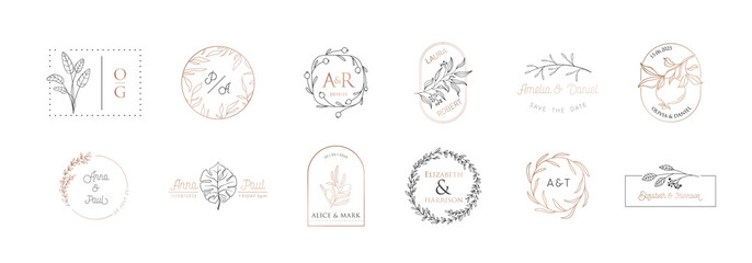 Wedding monogram vector collection, modern minimalistic floral templates, wreath for Invitation - obrazy, fototapety, plakaty