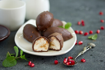 Homemade curd snacks with chocolate .. Selective focus.