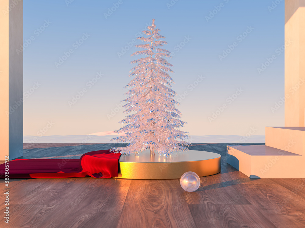 Poster abstract winter christmas scene with geometrical forms in natural day light. minimal 3d landscape ba