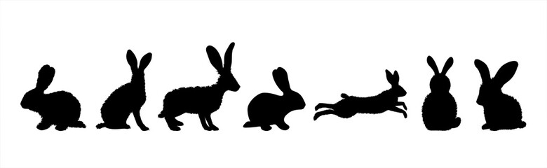 Vector silhouette of collection of rabbit on white background. Symbol of forest animal and hare.