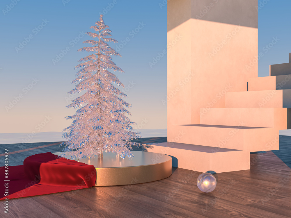 Poster abstract winter christmas scene with geometrical forms in natural day light. minimal 3d landscape ba