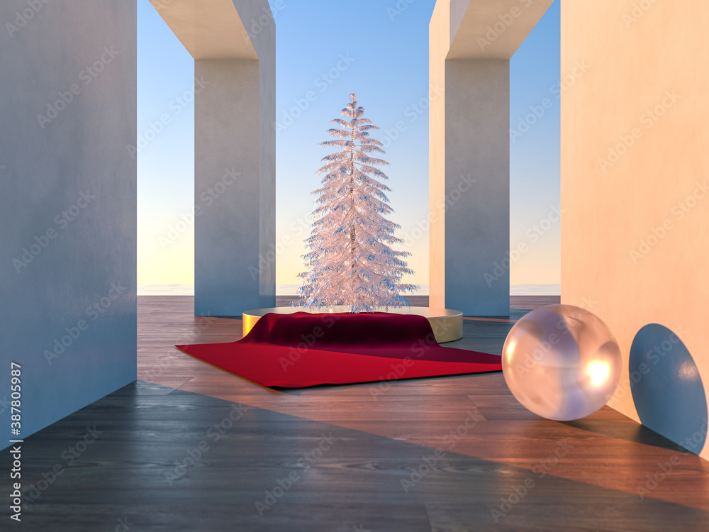 Poster abstract winter christmas scene with geometrical forms in natural day light. minimal 3d landscape ba