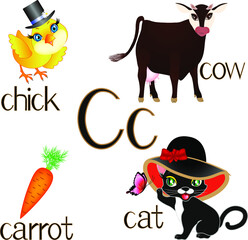 Illustration for teaching children the English alphabet. The letter Cc.