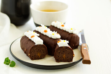 A piece of delicious caramel cake.